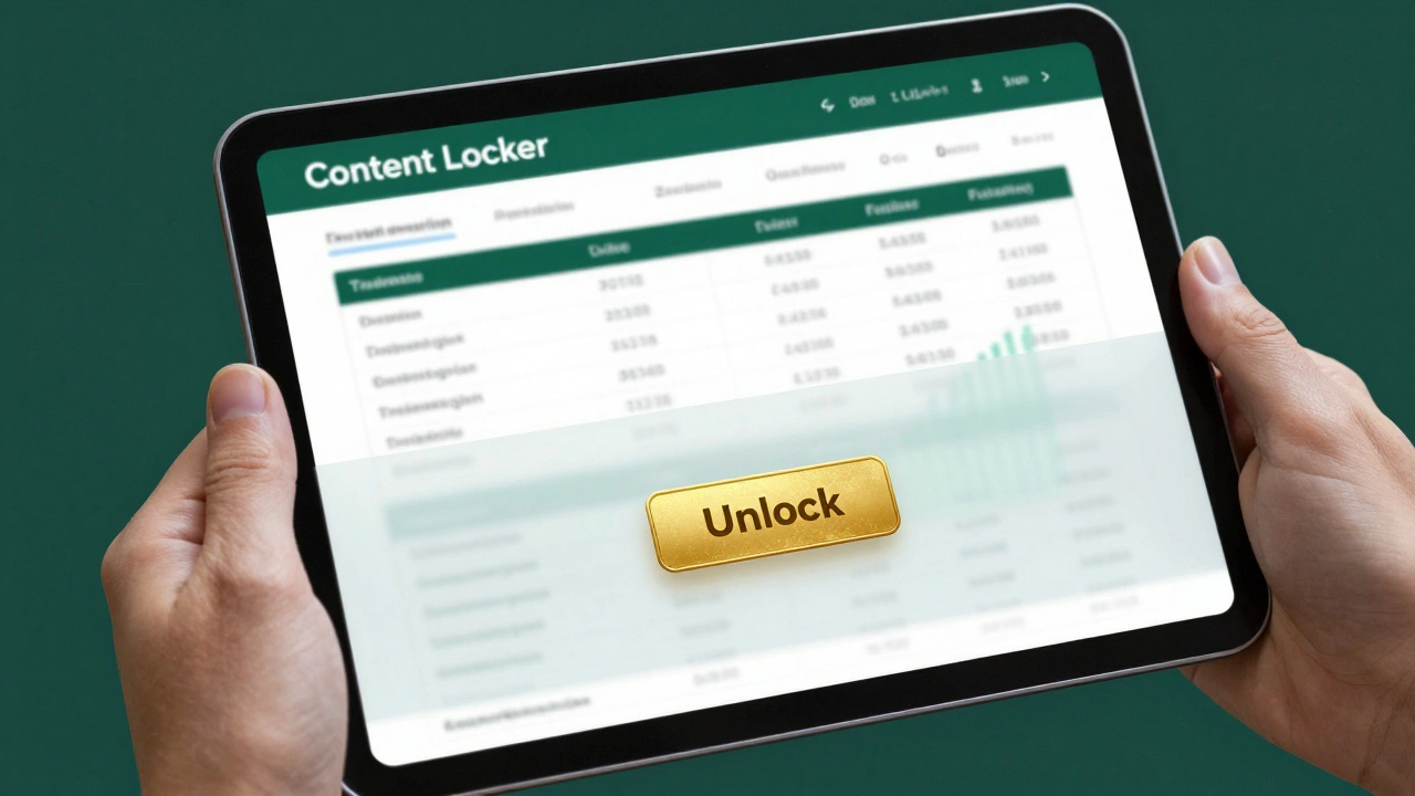 Digital tablet showing a locked premium report with a gold unlock button