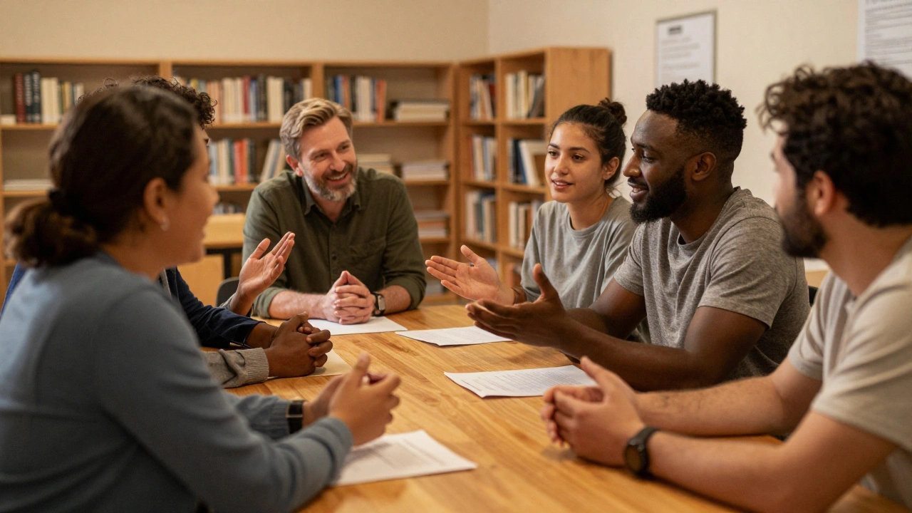 Diverse group collaborating around a table in a community center.