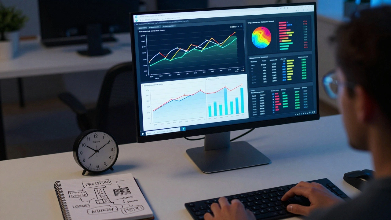Editor's desk with a monitor displaying Telegram analytics and a content planning notebook.