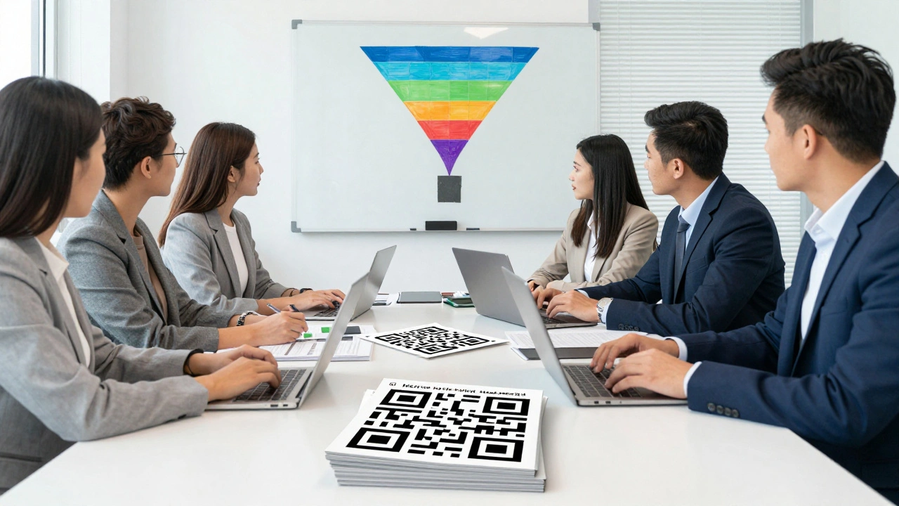 Editors planning strategy with laptops and QR code printed materials