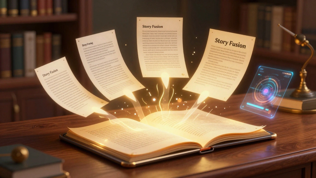 Five digital documents merging into one single, glowing synthesized summary