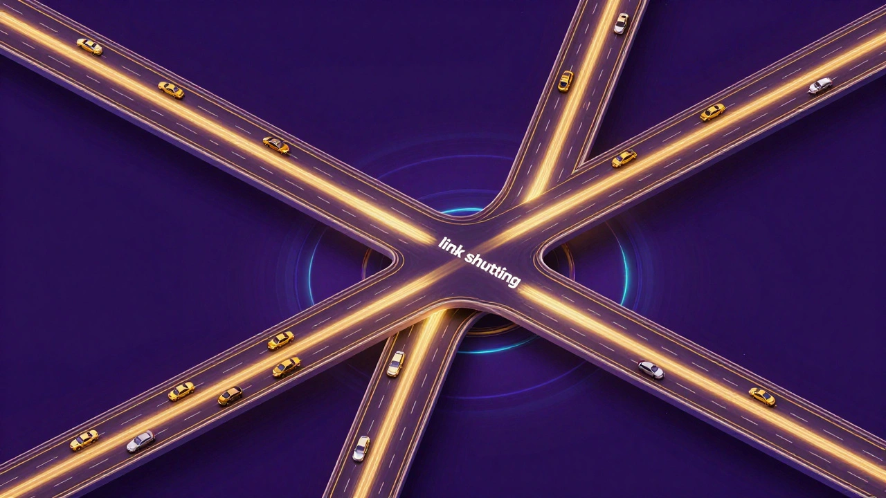 Futuristic digital highway with glowing light streams distributing through multiple portals