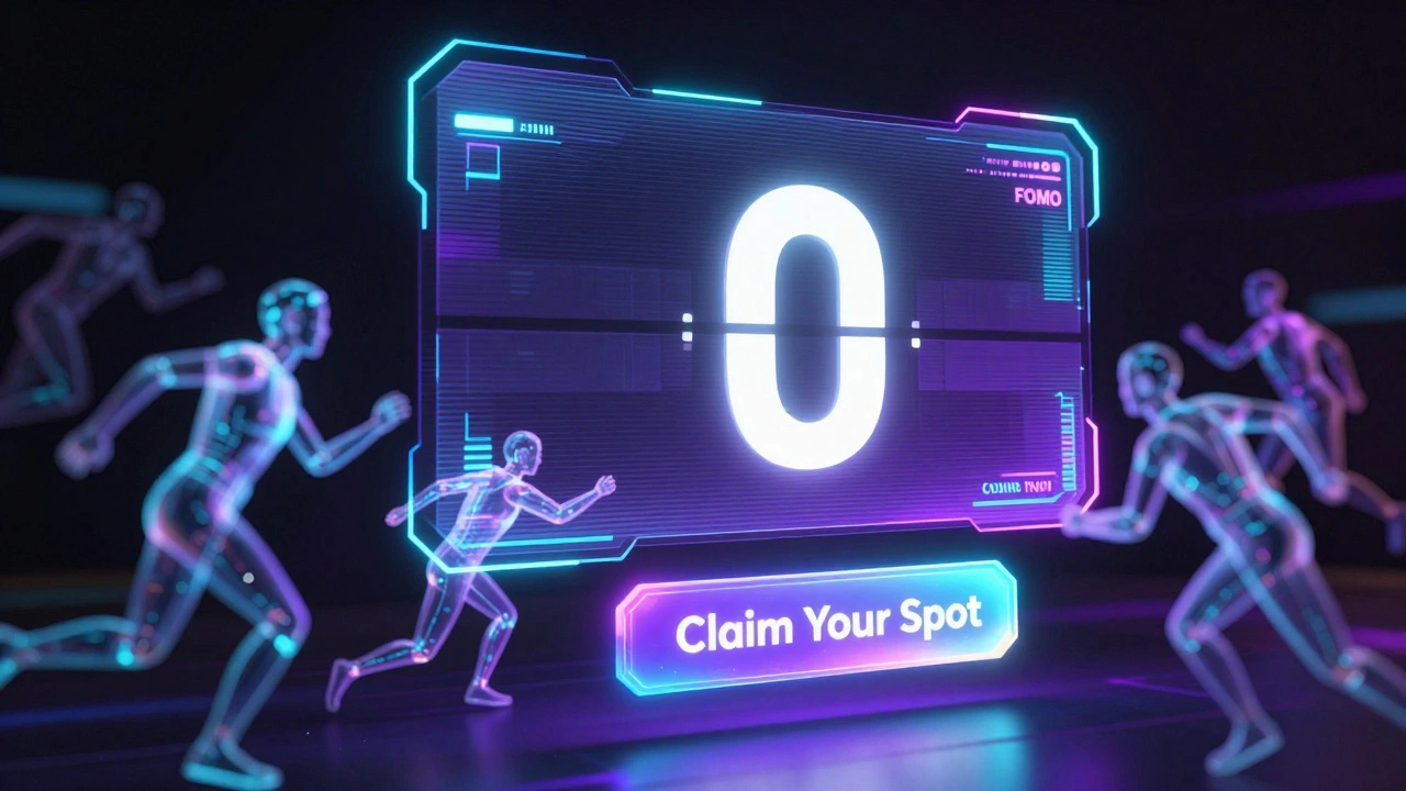 Futuristic holographic timer with people rushing to click a limited offer button