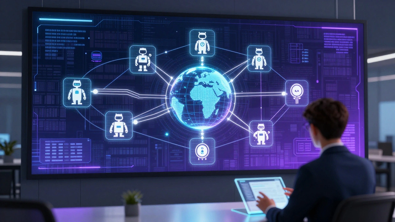 Futuristic newsroom with a holographic bot automation workflow and a journalist.