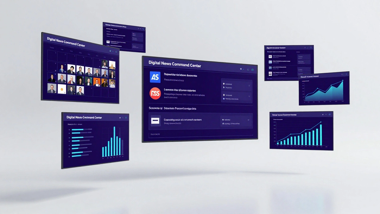 Futuristic workspace with holographic screens managing automated news feeds and schedules.