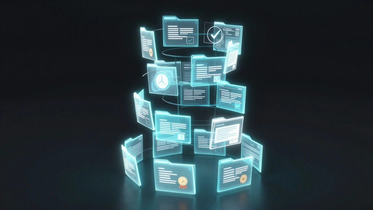 Glowing holographic folders in a spiral, representing a complete compliance archive.