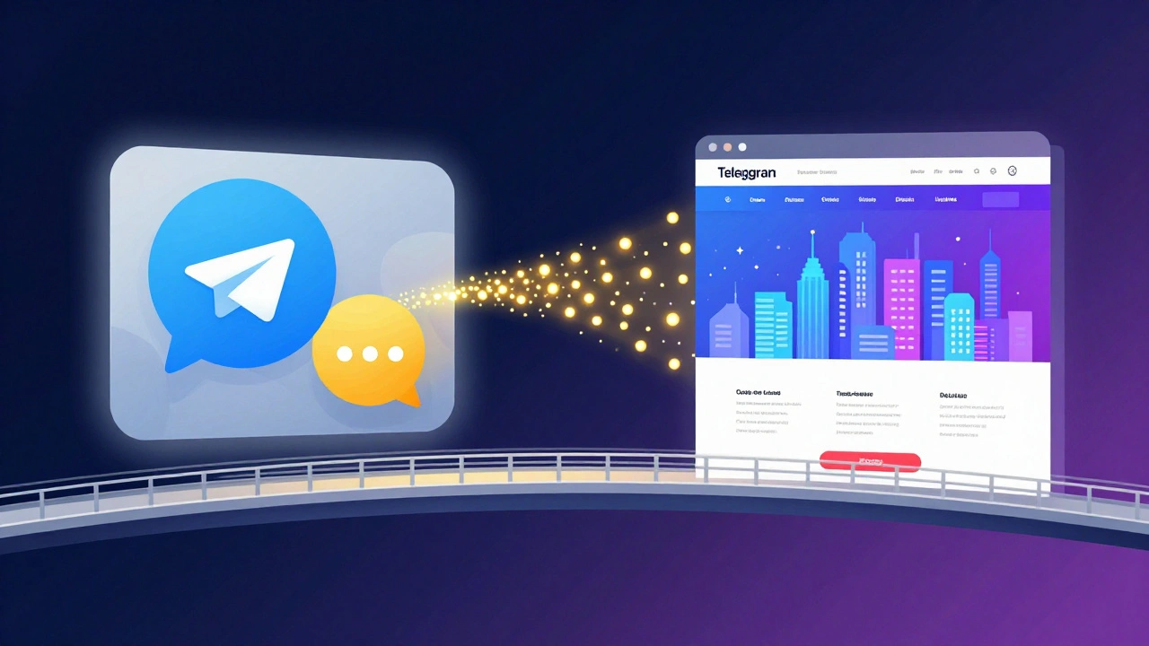 Golden data particles flowing from a Telegram chat bubble to a digital website.