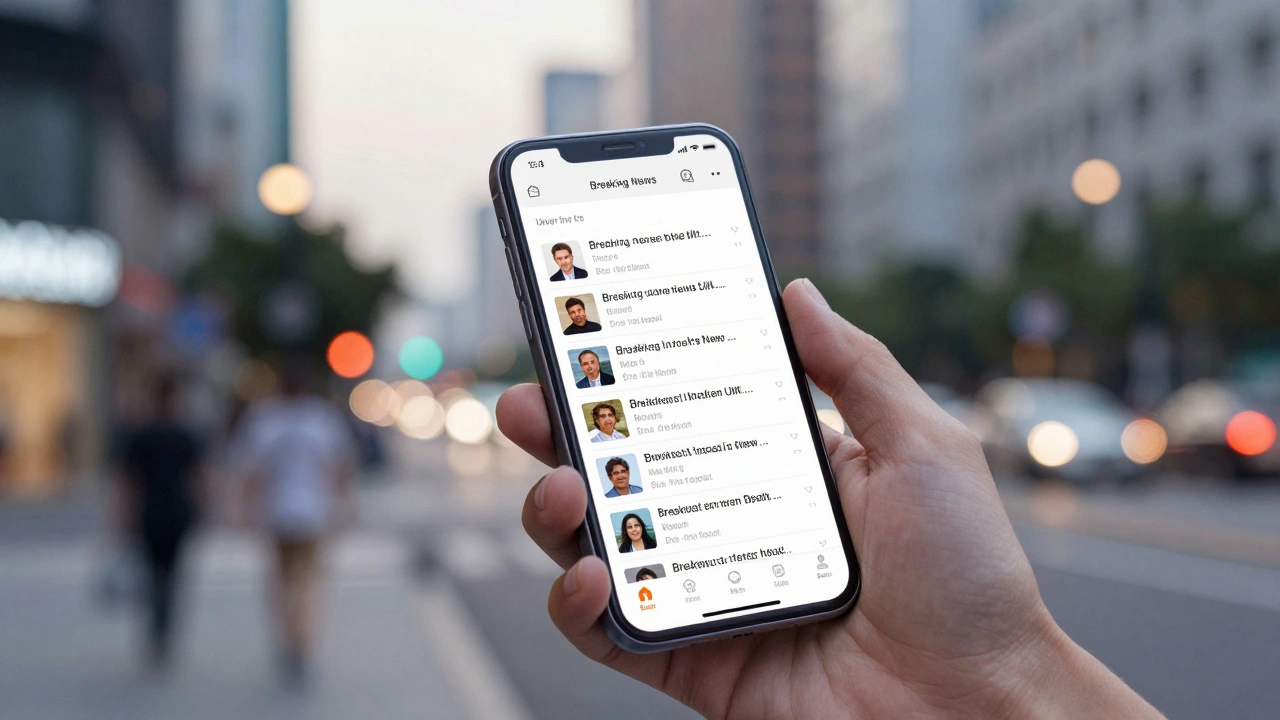 Hand holding a smartphone with multiple breaking news notifications in a city at dusk