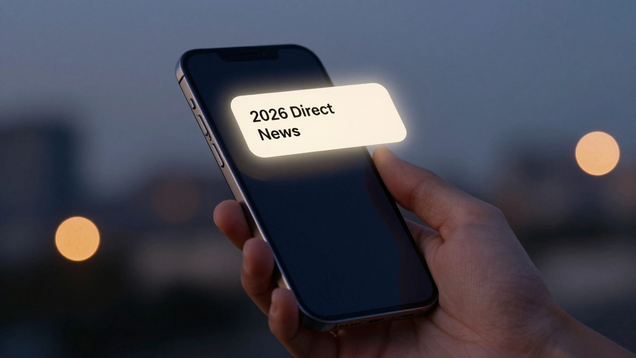 Hand holding smartphone receiving notification against blurred city lights