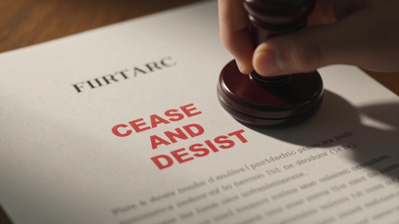 Hand stamping a formal cease and desist legal document with a red stamp