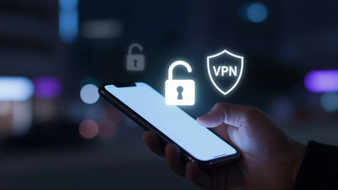 Hands using a smartphone in a dark city with a translucent VPN shield icon.