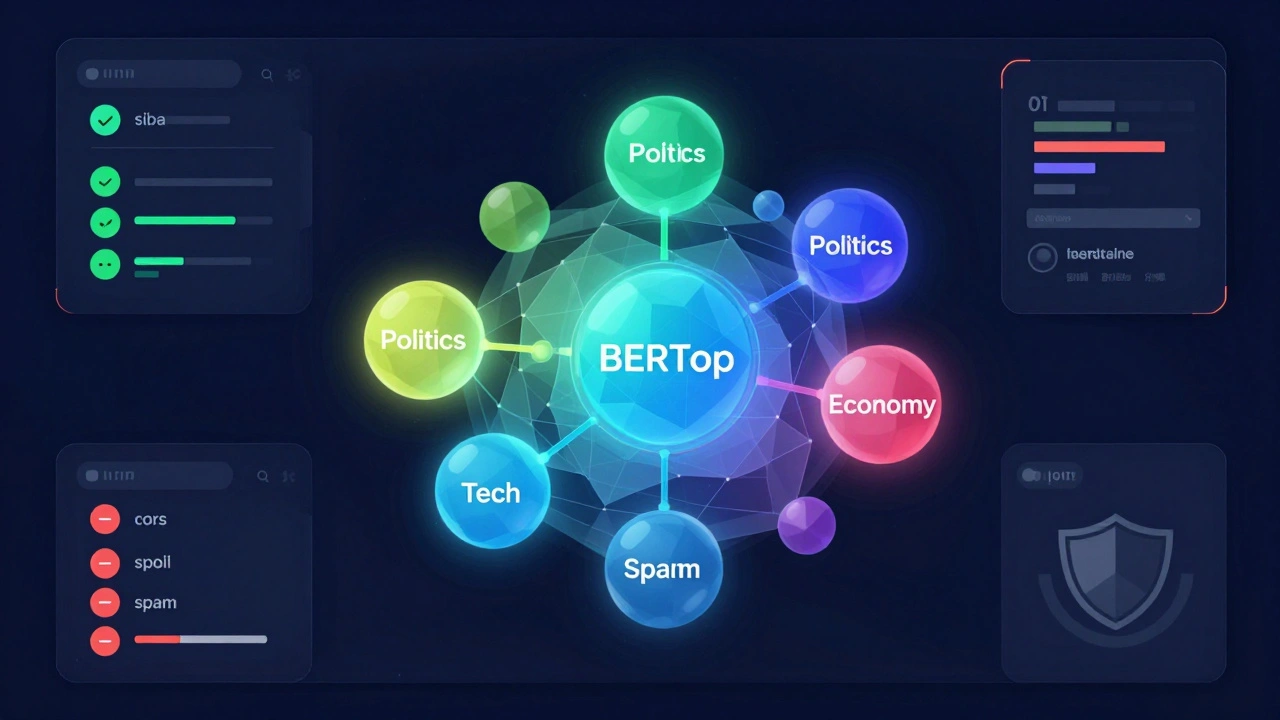 Holographic dashboard showing a 3D cluster map of news topics and sentiment indicators