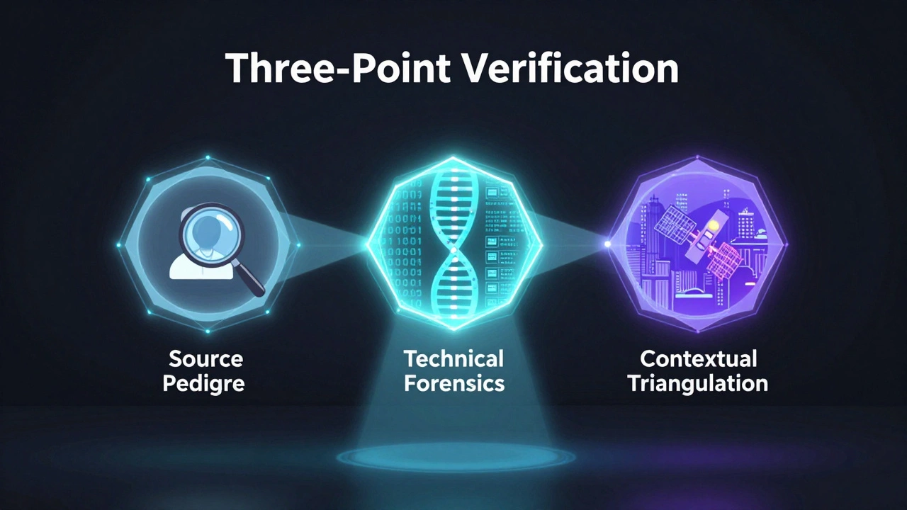 Holographic display showing source pedigree, technical forensics, and satellite triangulation.