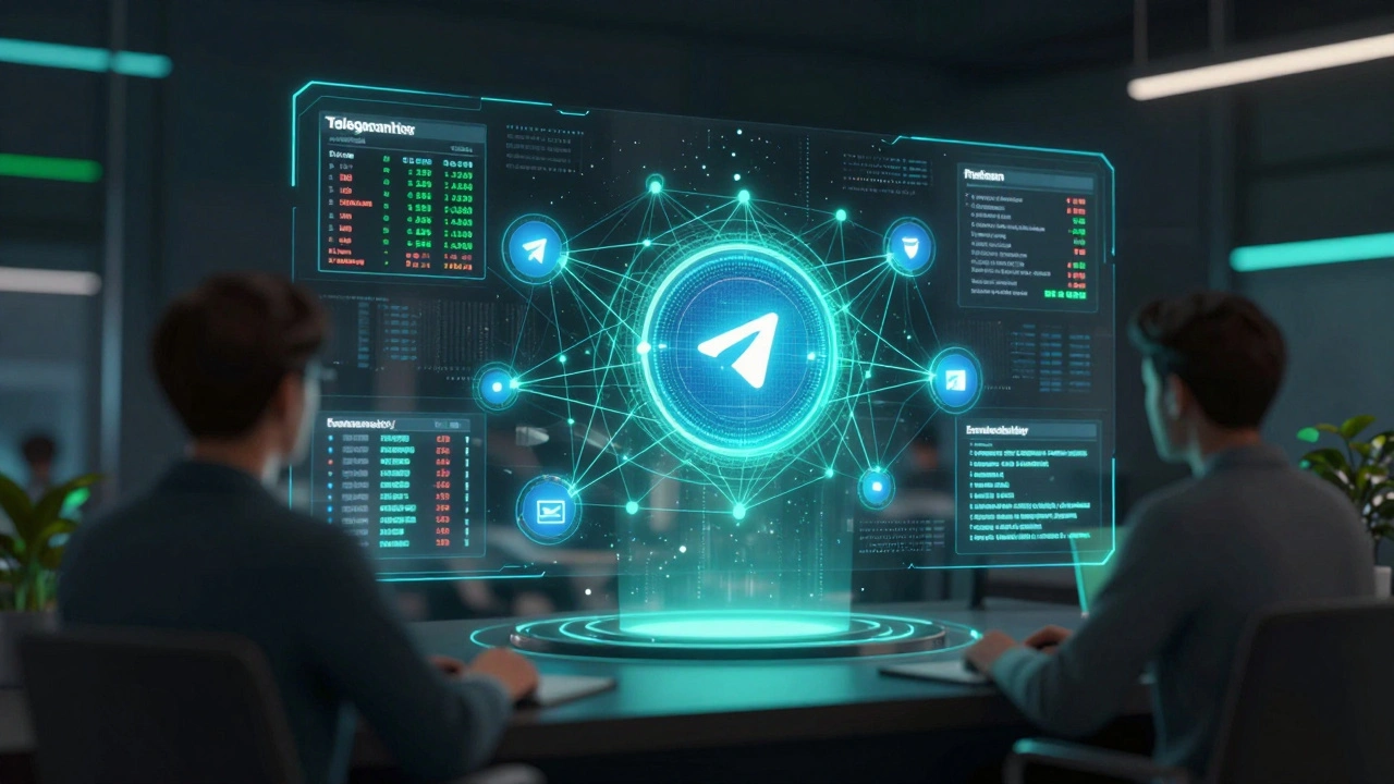 Holographic interface showing news bots and financial data