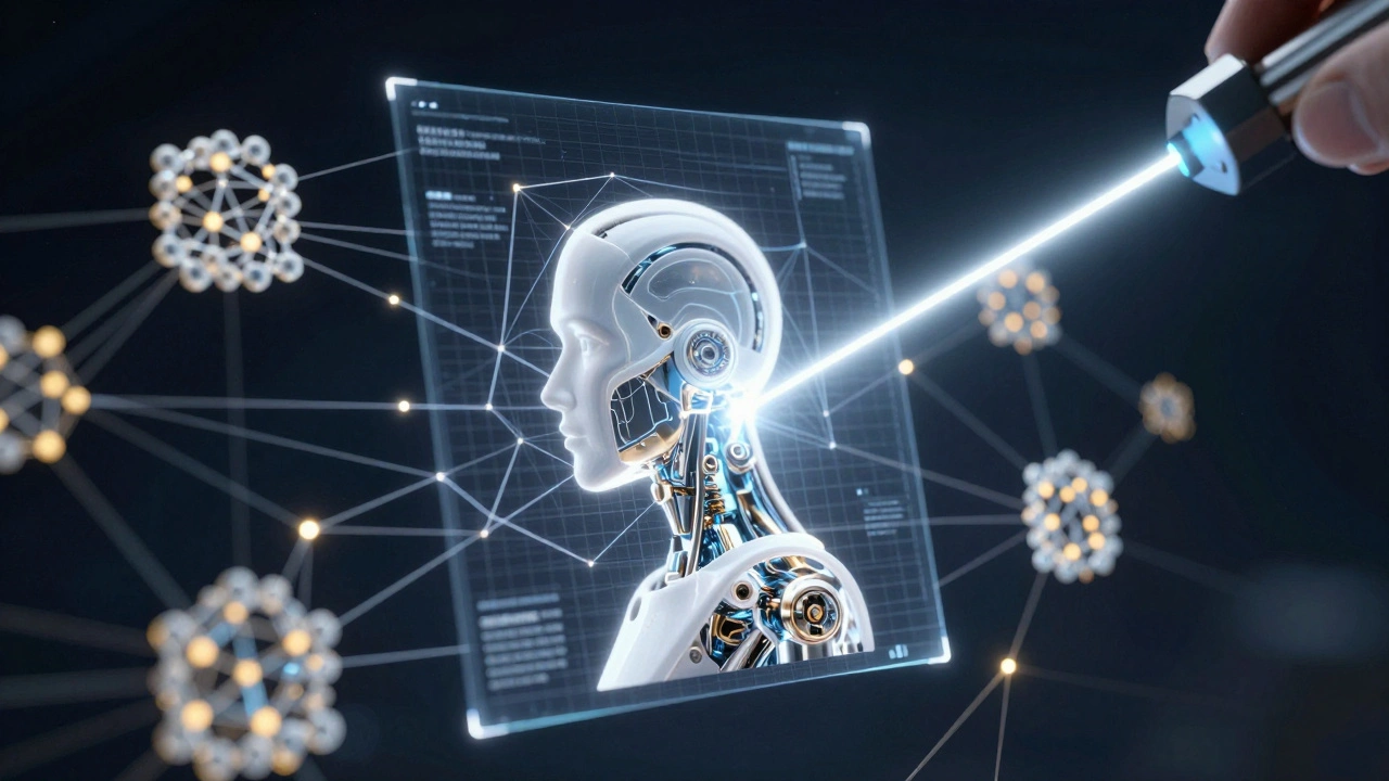Holographic network being scanned by a laser to reveal a robotic bot structure