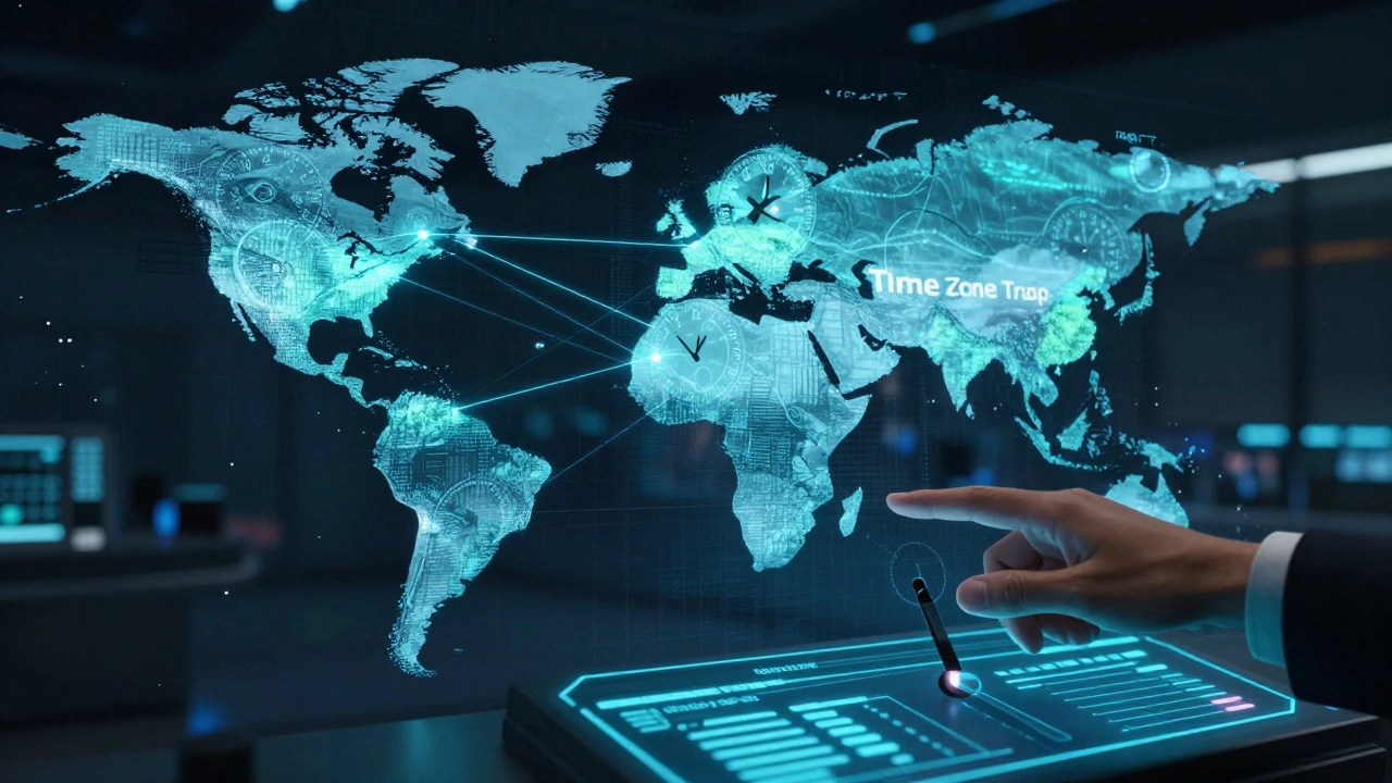 Holographic world map with time zone clocks in a futuristic control room