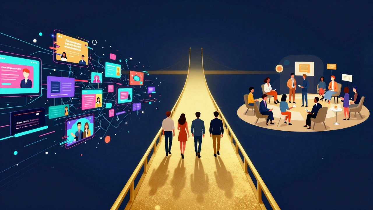 Illustration of people moving from chaotic ads to a stable community hub