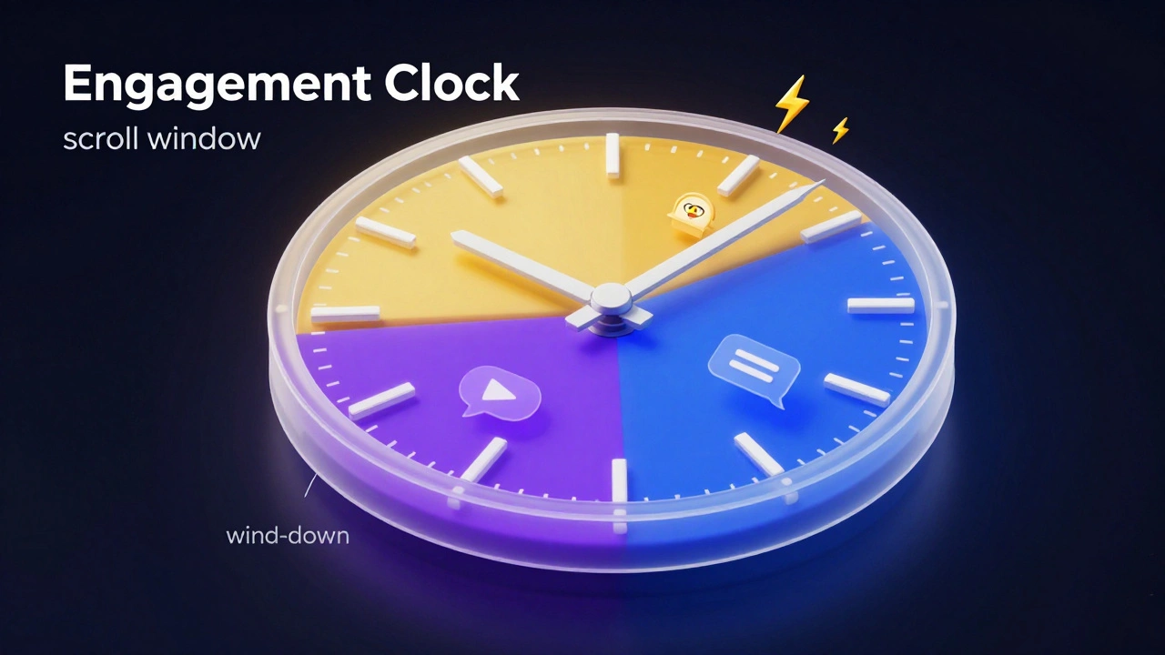 Isometric 3D clock showing different engagement windows for digital content
