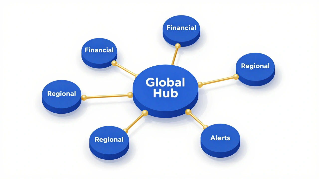 Isometric 3D diagram of a global news network with central and regional hubs