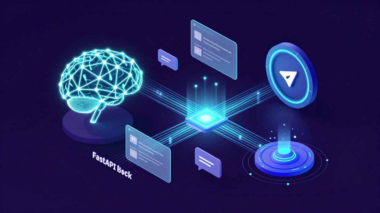 Isometric 3D diagram of a news bot architecture with a neural network and glowing data streams.