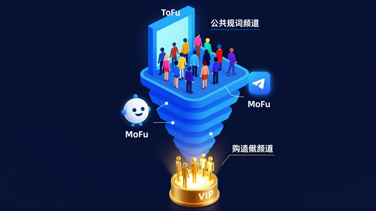 Isometric 3D diagram of a Telegram monetization funnel from public to paid members