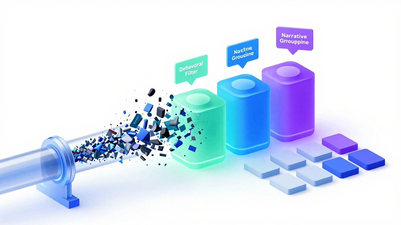 Isometric 3D diagram of an AI data pipeline filtering messy messages into organized fact-checking blocks.