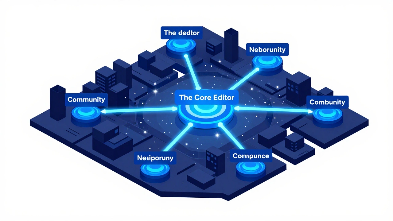 Isometric 3D diagram showing a network of news editors, leads, and community contributors over a city.