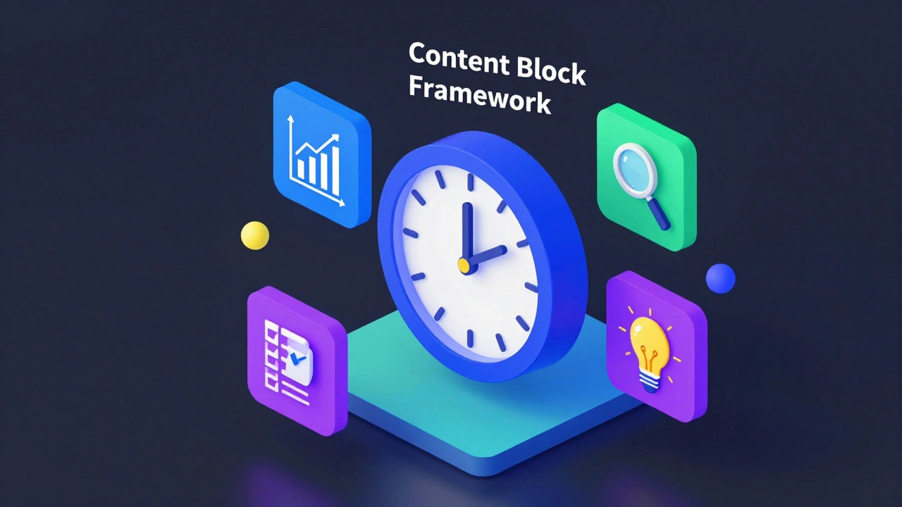 Isometric 3D illustration of a daily content schedule with floating icons and a digital clock.