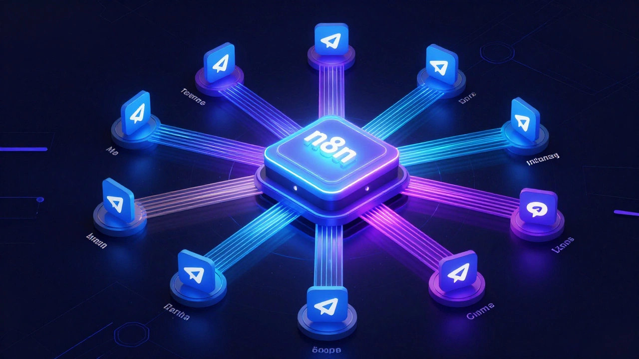 Isometric 3D illustration of a digital automation hub routing news to different language channels.