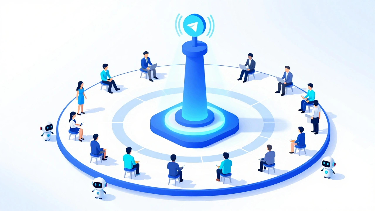 Isometric 3D illustration of a digital news channel and community group with bots.