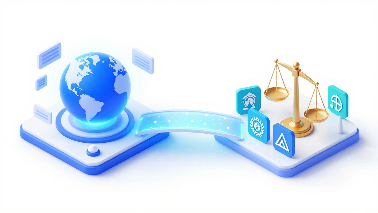 Isometric 3D illustration of a glowing bridge connecting a tech platform and regulators