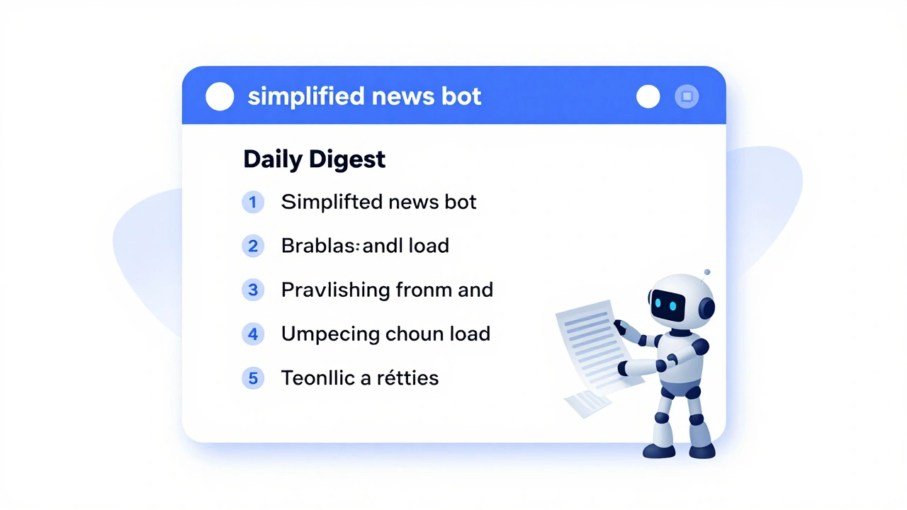 Isometric 3D illustration of a news bot organizing a chaotic feed into a simple digest.