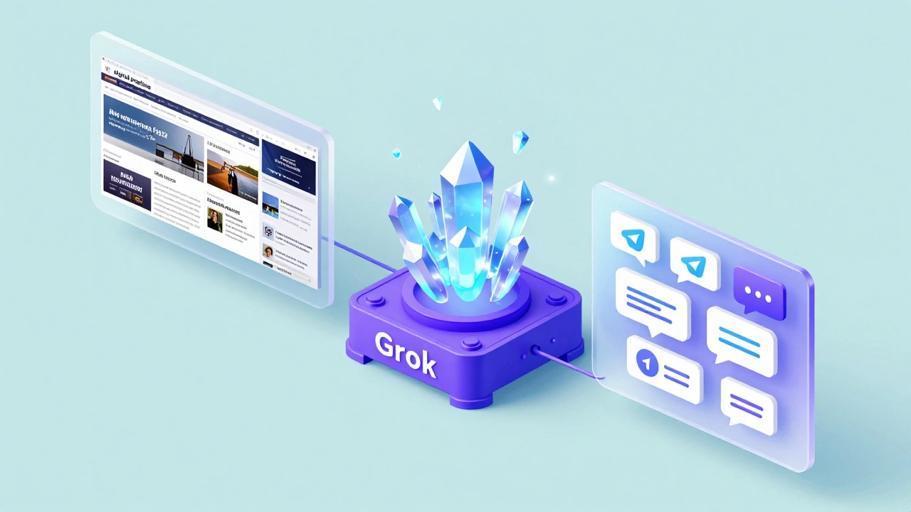 Isometric 3D illustration of an automated AI pipeline processing news into Telegram messages.