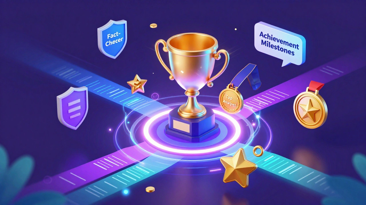 Isometric 3D illustration of digital badges, trophies, and glowing data streams.