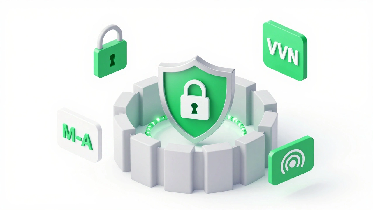 Isometric 3D illustration of security tools including MFA, VPN, and encrypted messaging apps.