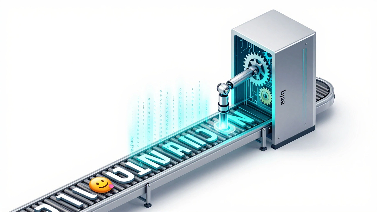 Isometric 3D pipeline cleaning raw text and converting it into binary data