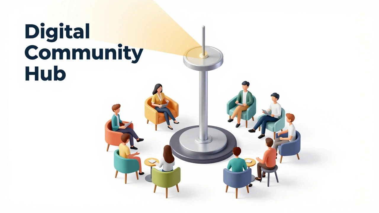 Isometric 3D view of a professional broadcast tower connected to a social community lounge.