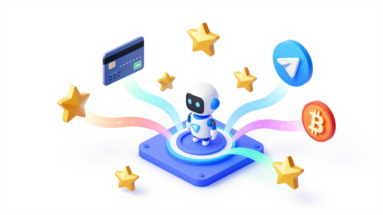 Isometric 3D view of diverse payment methods flowing into a central Telegram bot hub.