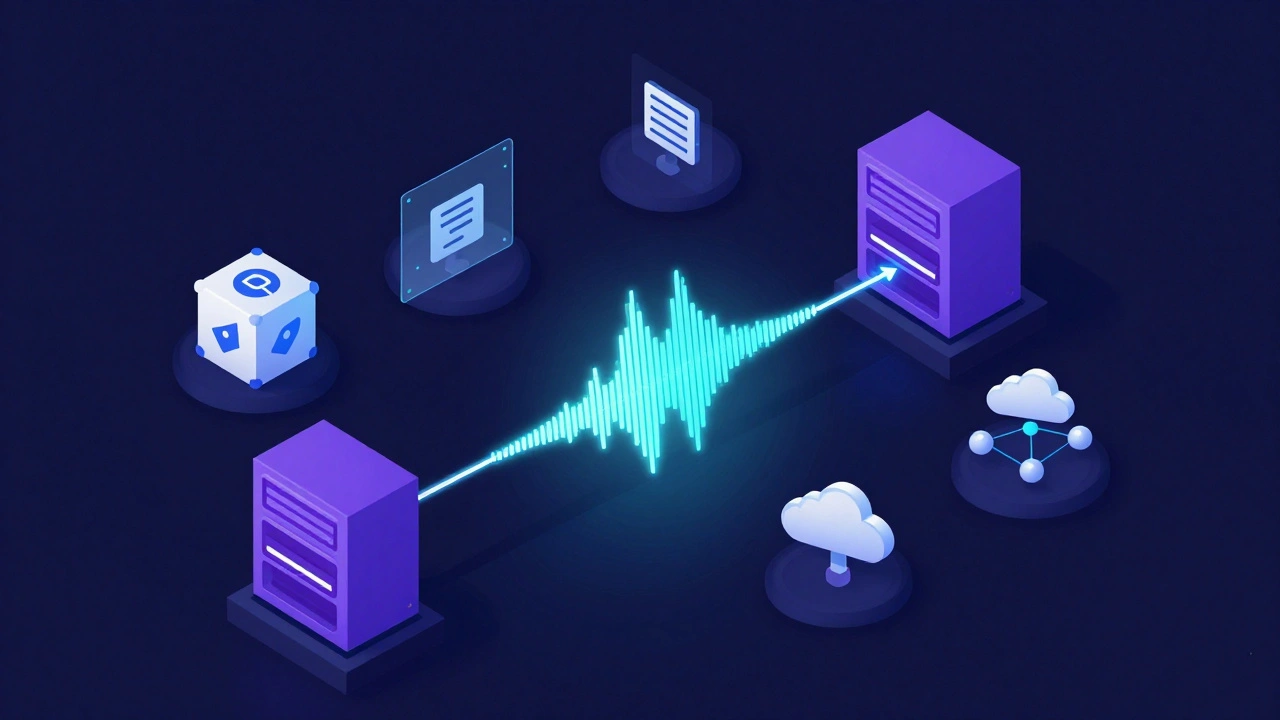 Isometric 3D visualization of audio data flowing through a Docker server for high-capacity distribution
