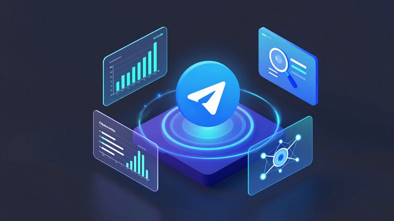 Isometric 3D visualization of Telegram analytics tools and data modules
