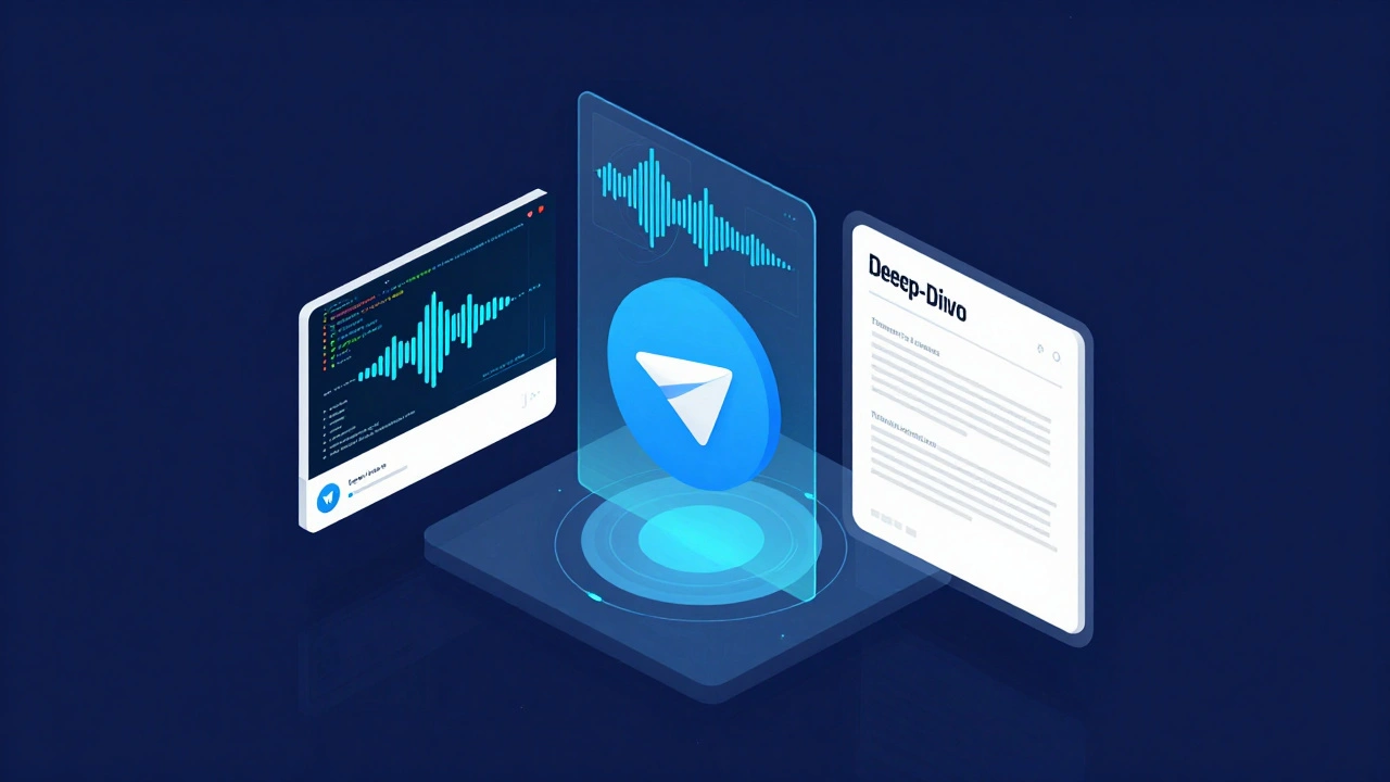 Isometric 3D visualization of various Telegram content formats including video, audio, and articles.