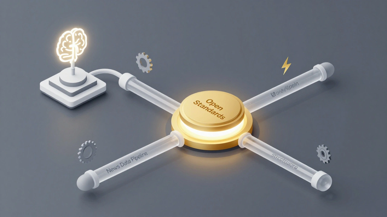 Isometric diagram of a news data pipeline moving from AI extraction to a standardized golden hub.