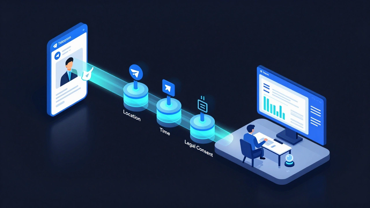 Isometric diagram of a Telegram bot pipeline filtering UGC into a news dashboard