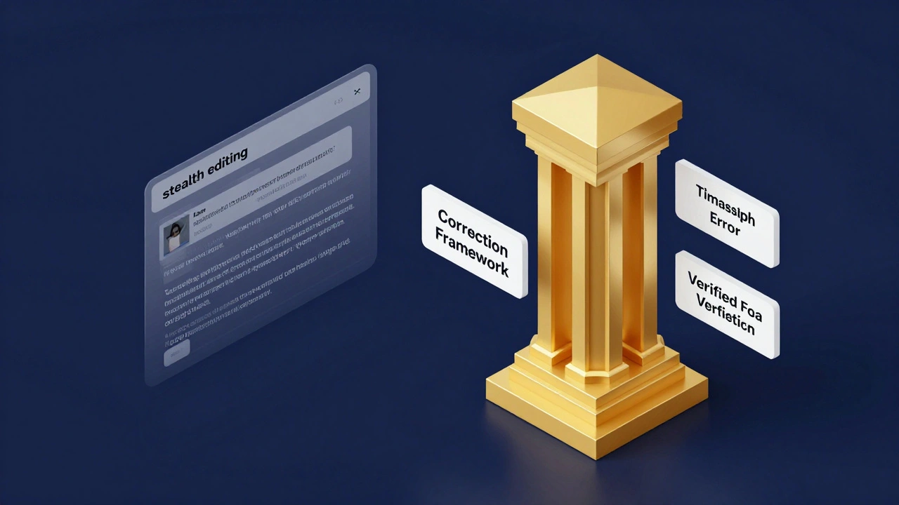 Isometric illustration comparing a hidden edit with a transparent correction framework.
