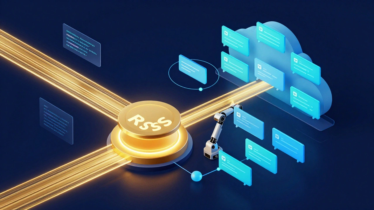 Isometric illustration of an automated news pipeline using RSS feeds and a bot.