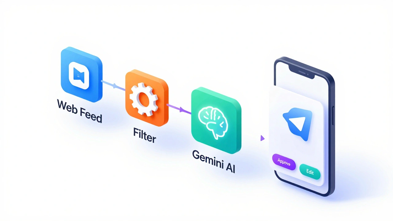 Isometric illustration showing the flow from RSS feeds through AI summarization to a Telegram bot.
