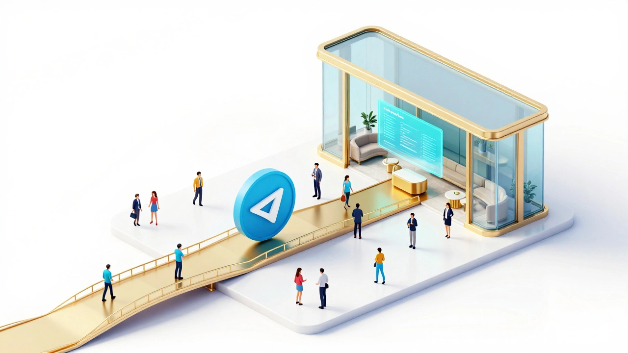 Isometric view of a public digital plaza connected to a premium VIP lounge by a gold bridge.