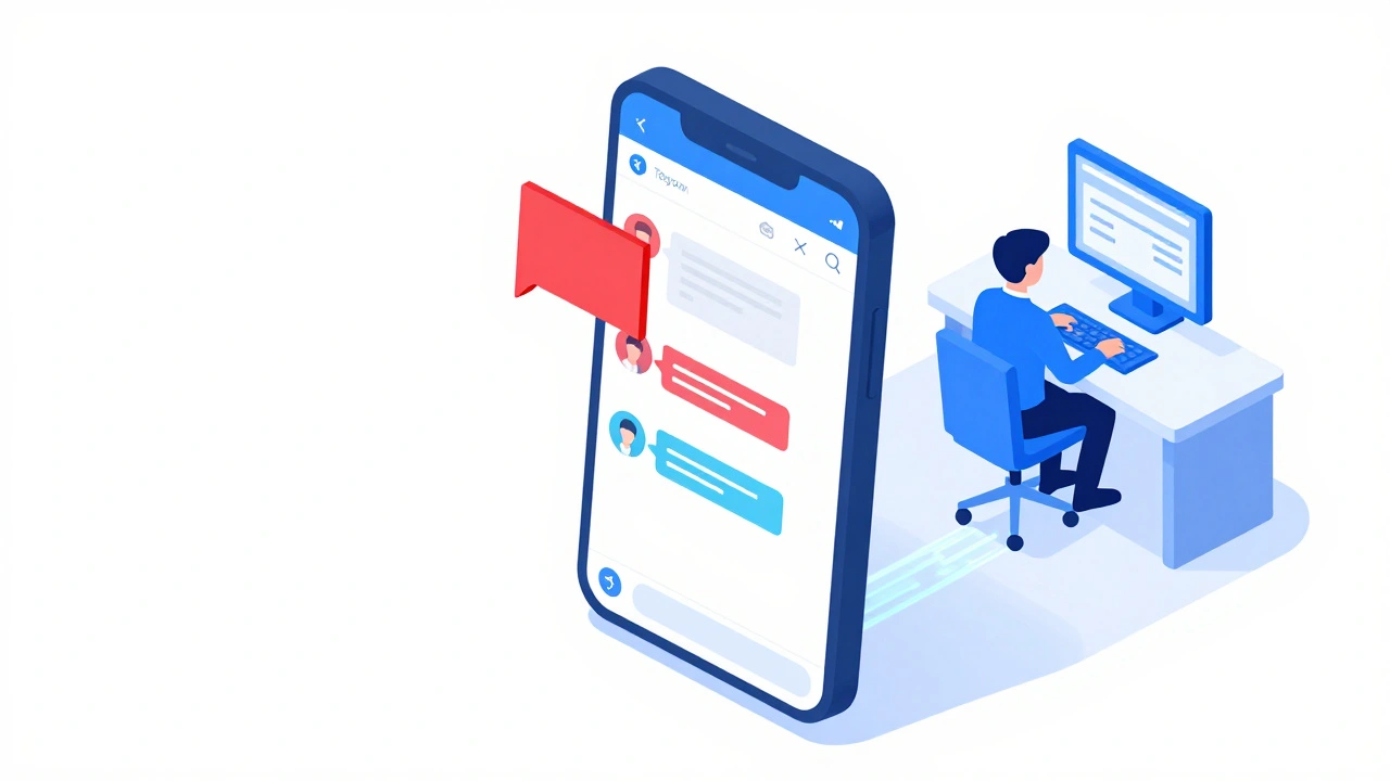 Isometric view of a smartphone with a flagged message being sent to a digital moderation center.