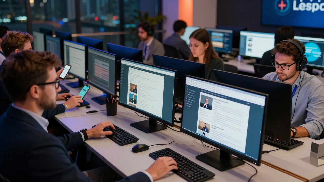 Journalists in a modern newsroom using both desktops for blogging and phones for instant alerts.