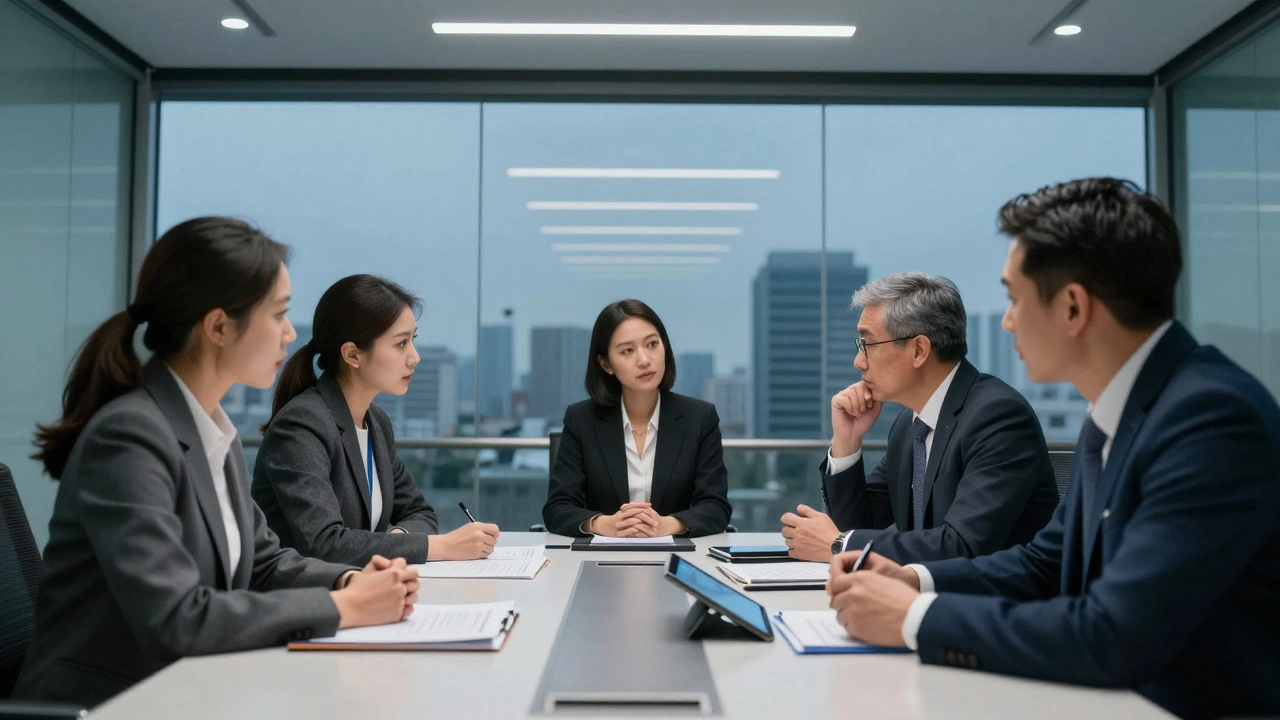 News editors and legal counsel in a high-pressure war room meeting for final story sign-off.